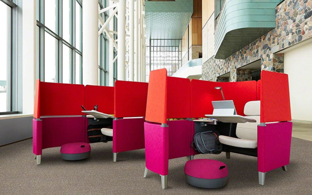 colorful modern office cubicles with chair, desk, and footrest