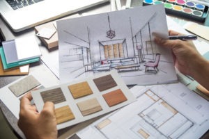 office design sketches on a desk