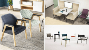 office chairs in different colors and patterns and interior design space mock ups