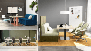 Sage green office chairs and workspace, conference room with large table.