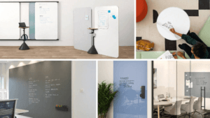various types of white boards in work stations as wall elements for divider walls as white boards.