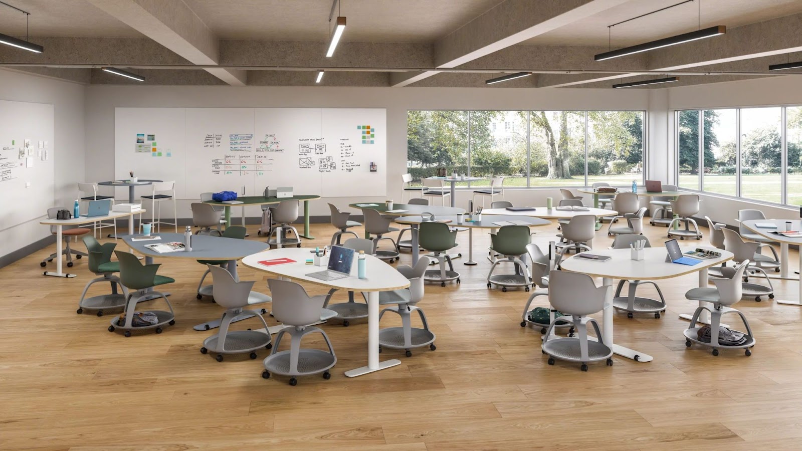 Node chairs from Steelcase surrounding desks in classroom