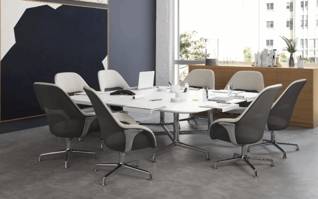 modern conference room with square desk, white and gray chairs, black and white art on the wall, large window and natural light. modern conference room design ideas