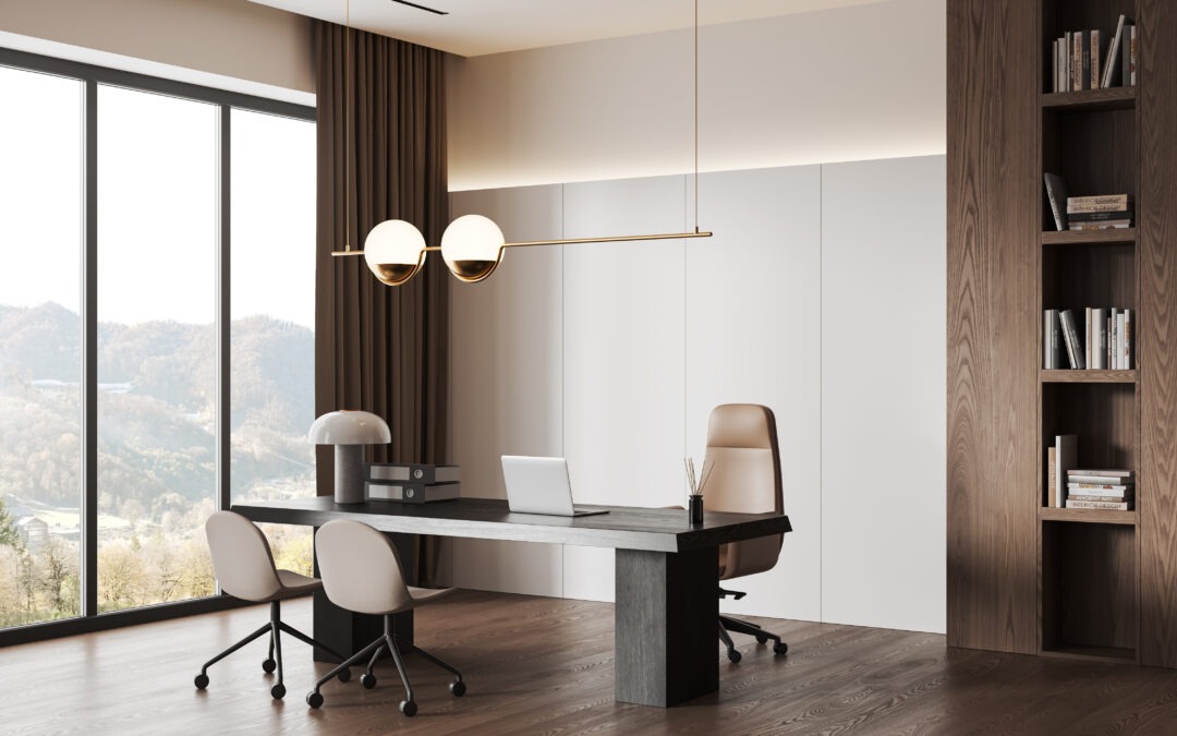 law office interior with laptop on work desk, side view chairs on hardwood floor. Consulting corner with shelf and decoration, panoramic window with privacy window treatments